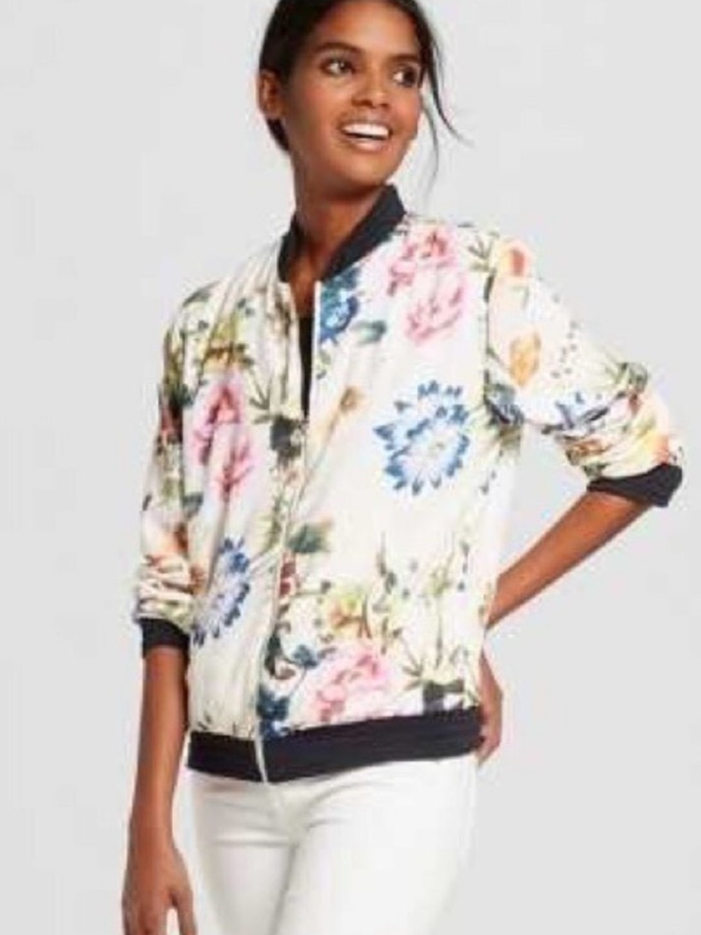 Bagatelle Collection White Floral Print Bomber Jacket size S